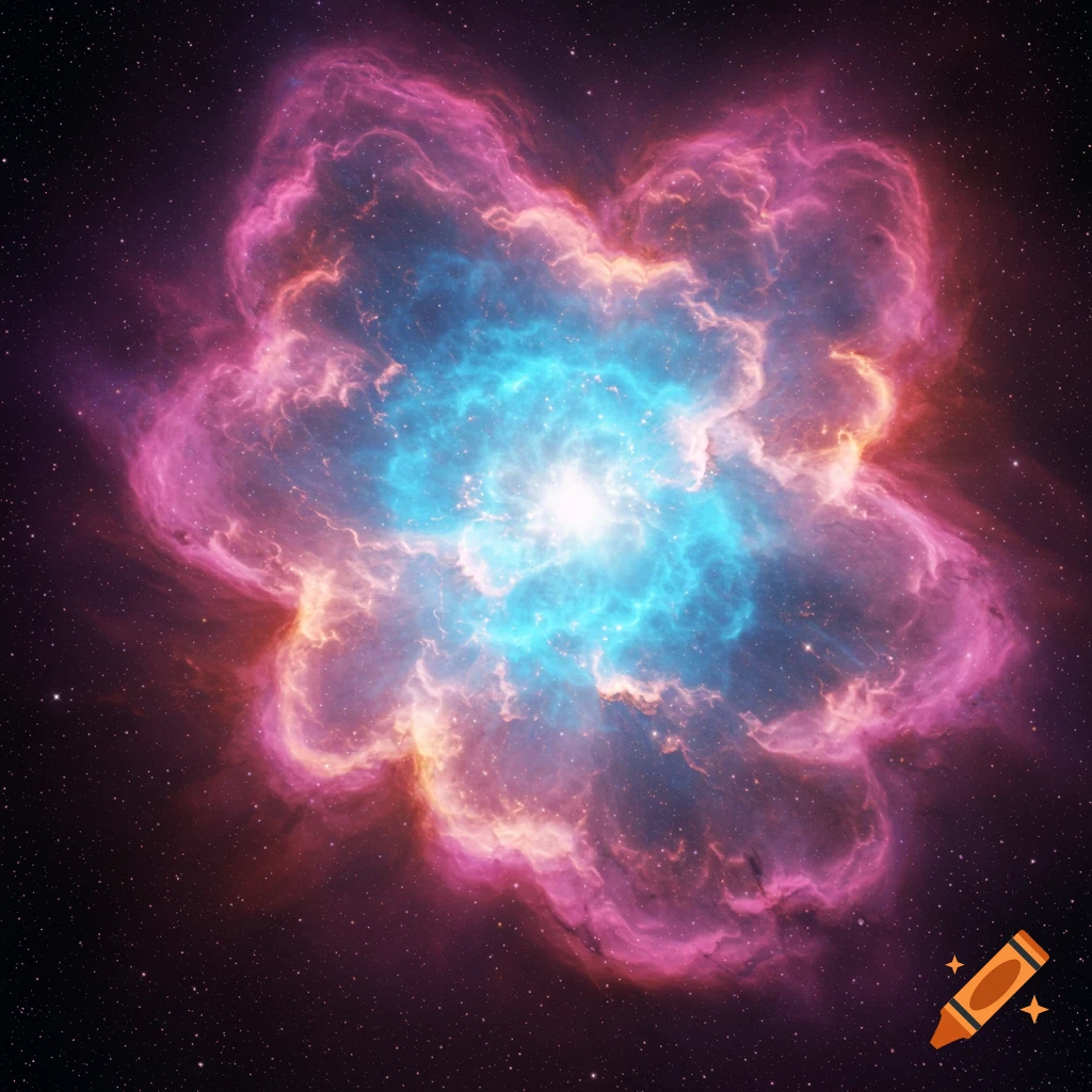 A vibrant, colorful nebula in space with blues and pinks surrounded by stars.
