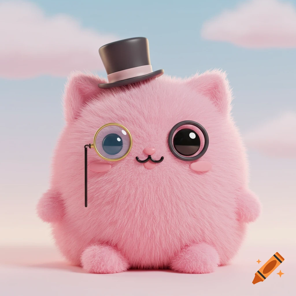 Fluffy pink creature with top hat and monocle.