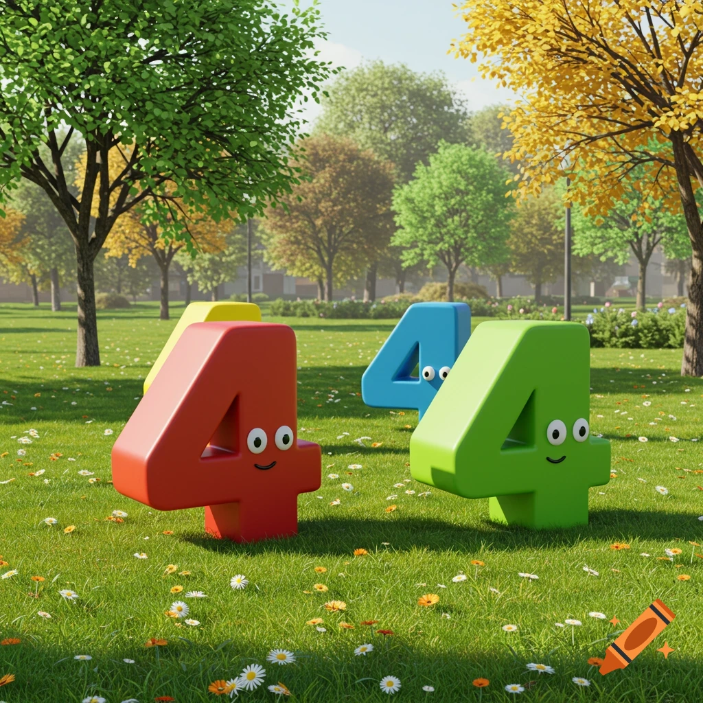 Four cartoon 3D numbers 4 in red, yellow, blue, and green with faces stand in a sunny park.