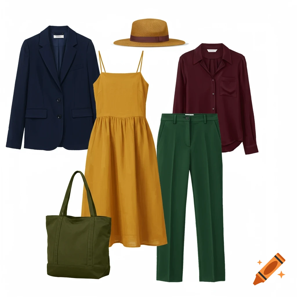 A capsule wardrobe flat lay featuring a navy blazer, yellow dress, maroon shirt, green pants, green tote bag, and straw hat.