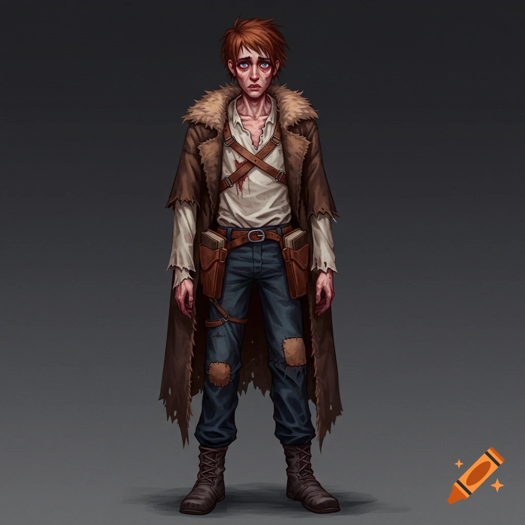 A haggard young man in ragged clothes, a long coat, and a harness holding books, stands.