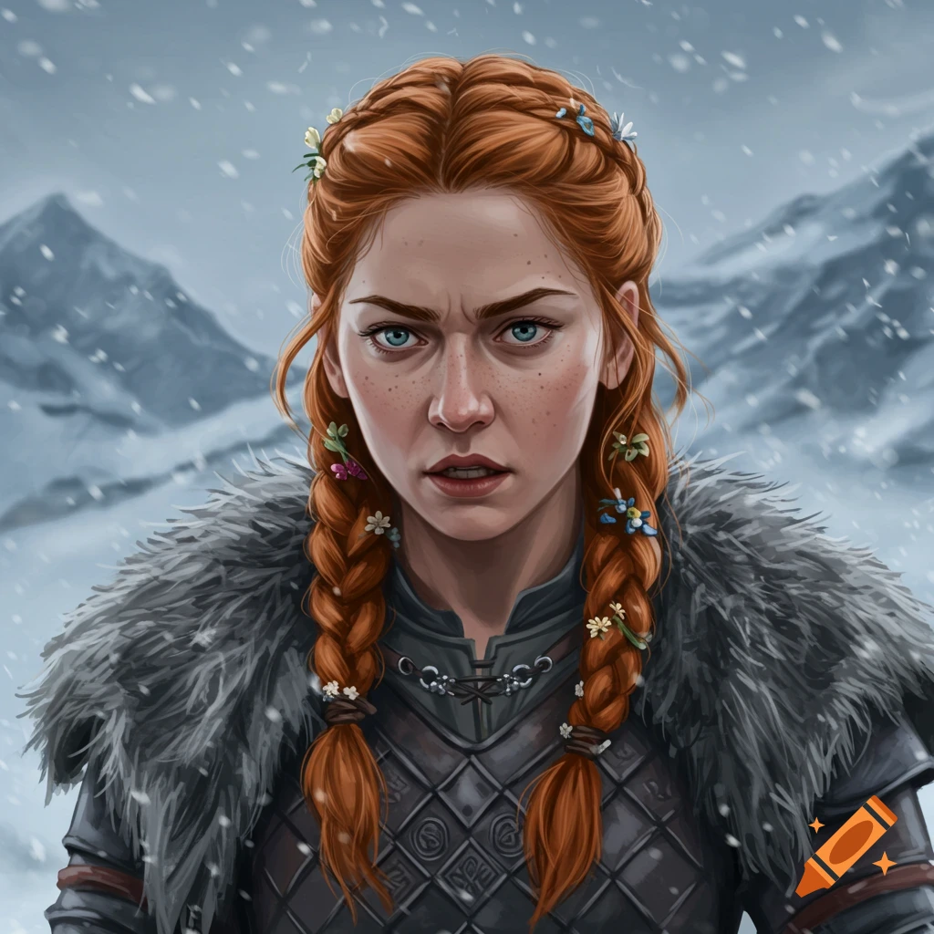 A close-up portrait of a red-haired woman with braided hair and flowers, wearing armor and fur, in a snowy mountain setting.