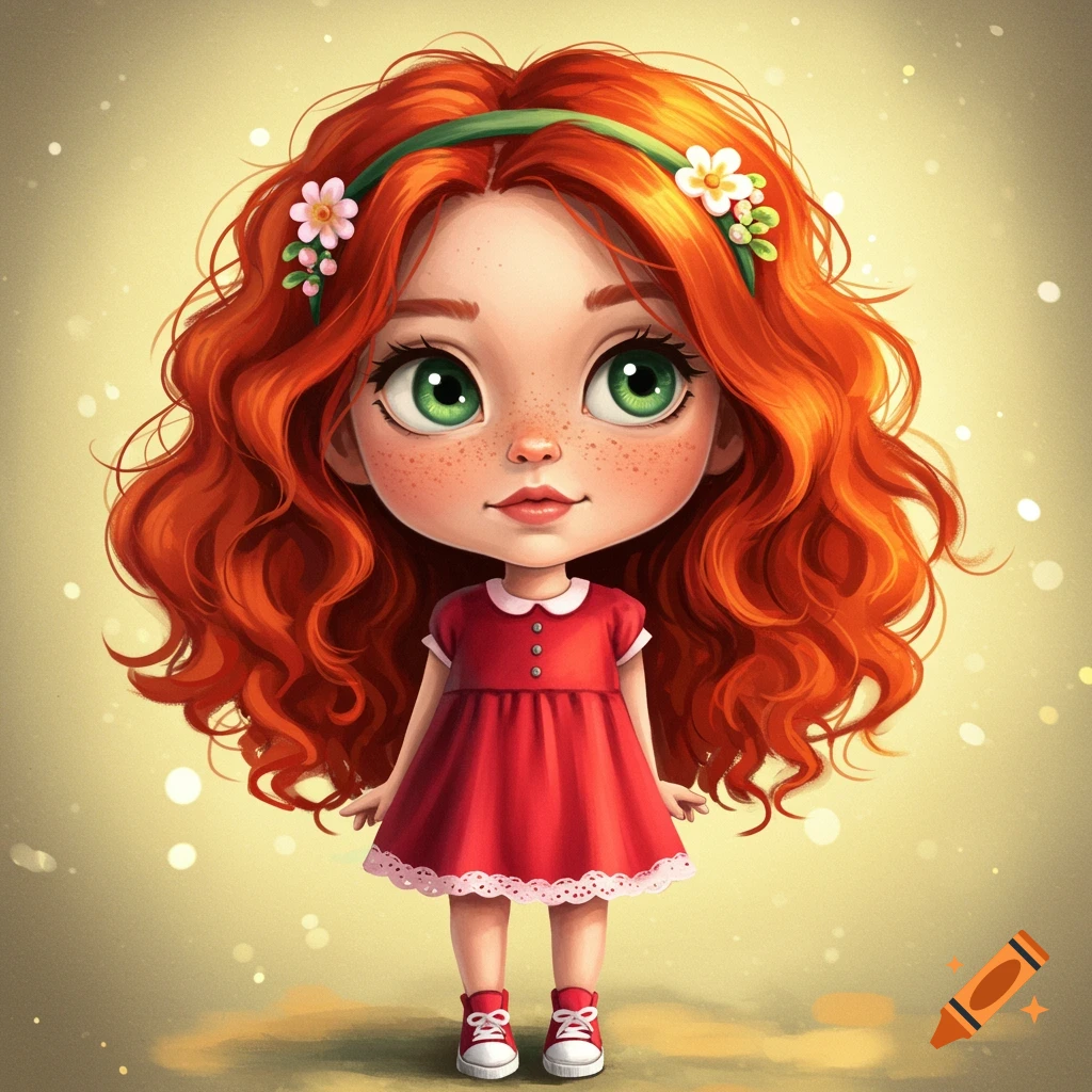 A whimsical, big-eyed redhead girl in a red dress with freckles and a flower headband.