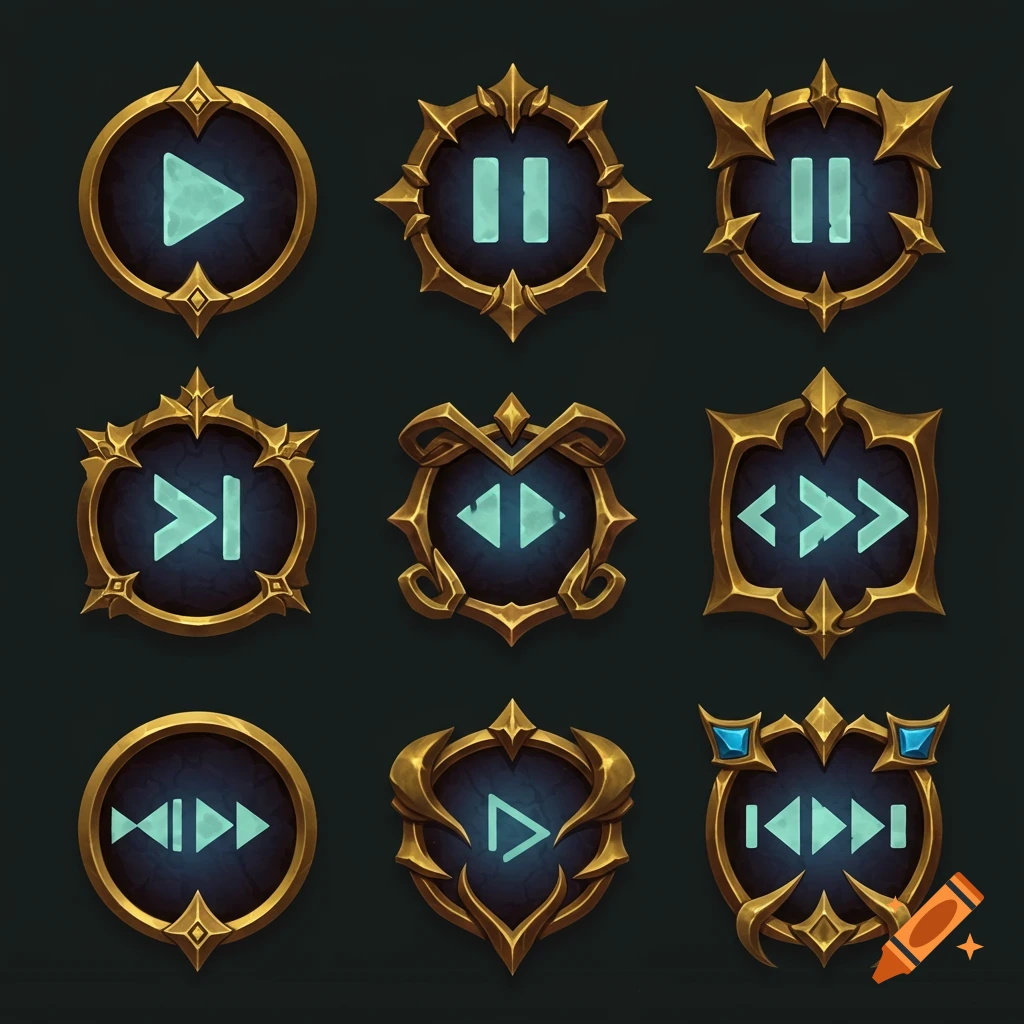 Set of fantasy-style music player icons with golden ornate frames and glowing blue symbols