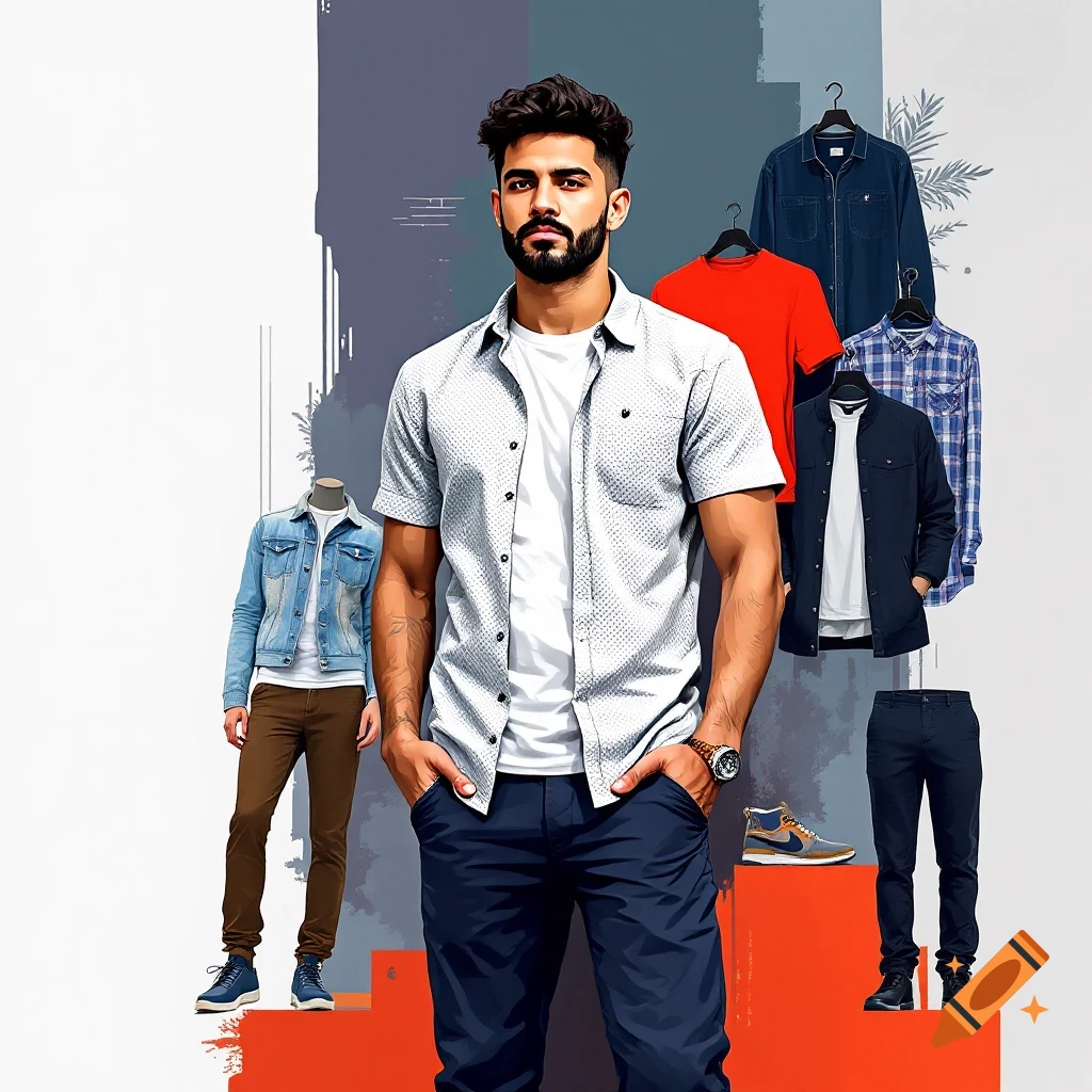 A man stands among various clothing items and mannequins in a fashion display setting.