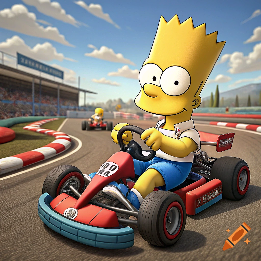 Bart Simpson drives a red go-kart on a race track, with another kart in the background in a cartoon style.