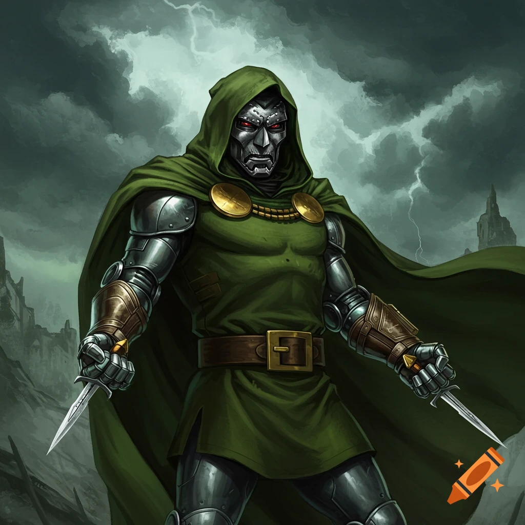 Doctor Doom in armor and green cloak, holding daggers, against a stormy sky.