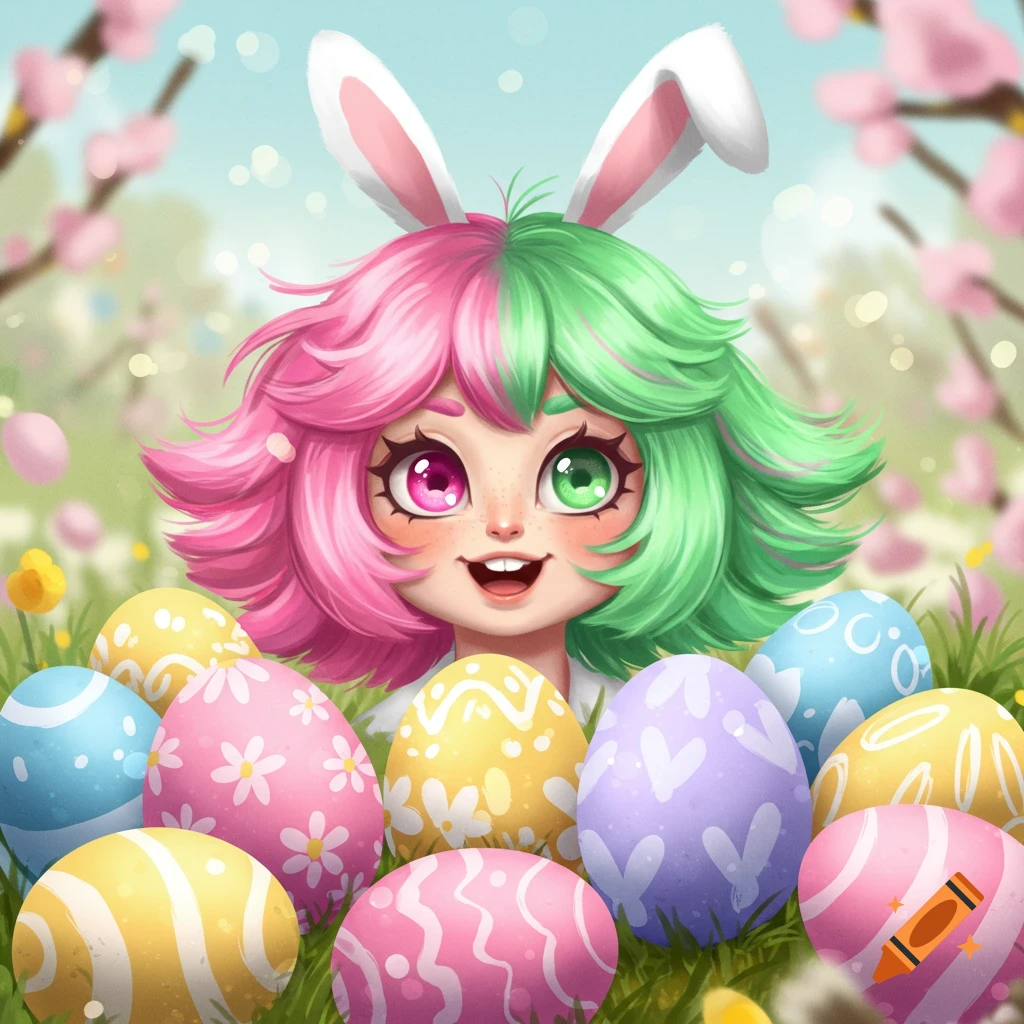 Painting of a girl with pink and green hair and bunny ears surrounded by colorful decorated Easter eggs in a field.