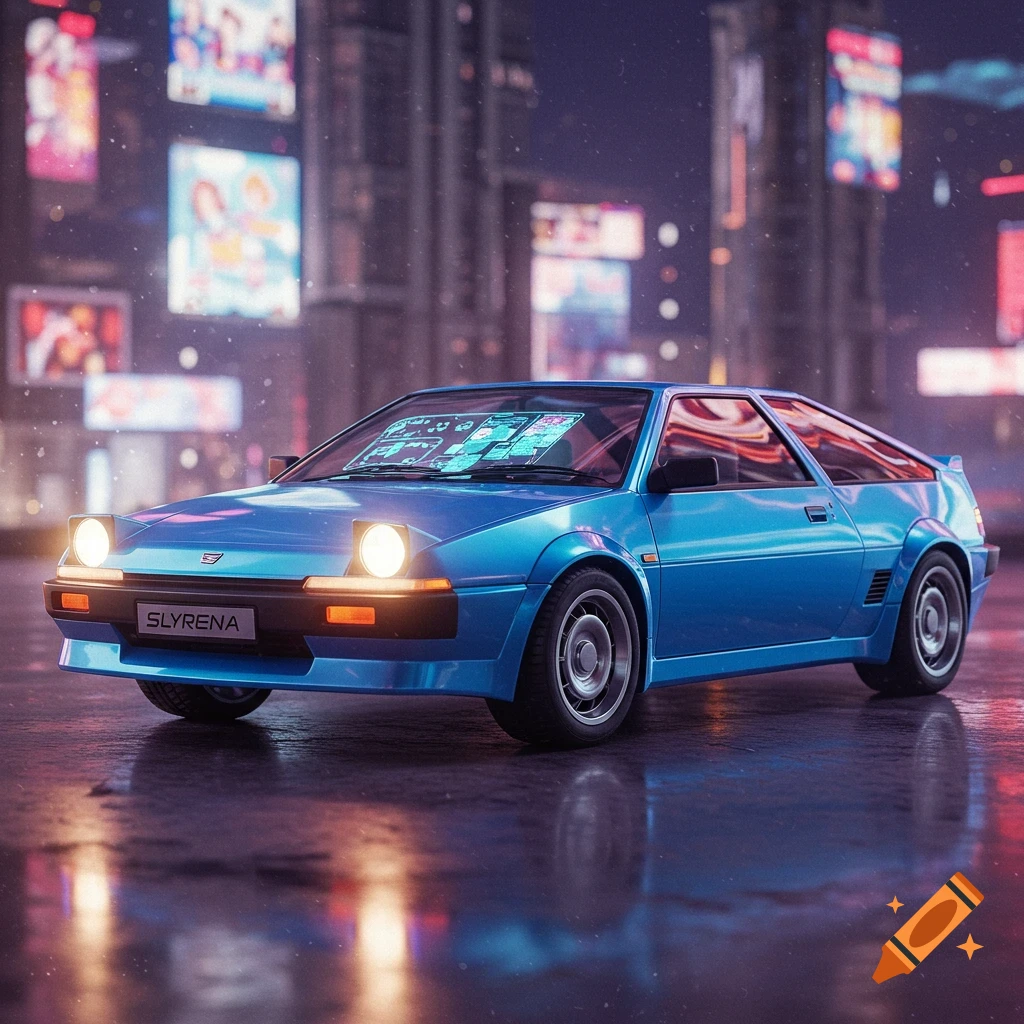 A blue futuristic car is parked on a wet street in a neon-lit cyberpunk city.