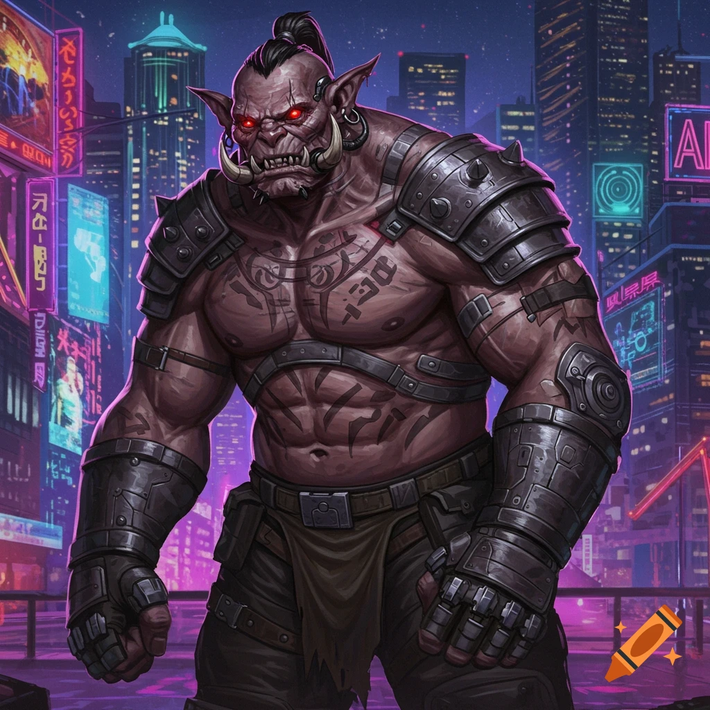 Muscular fantasy creature with red eyes and tusks, wearing armor, in a cyberpunk city.
