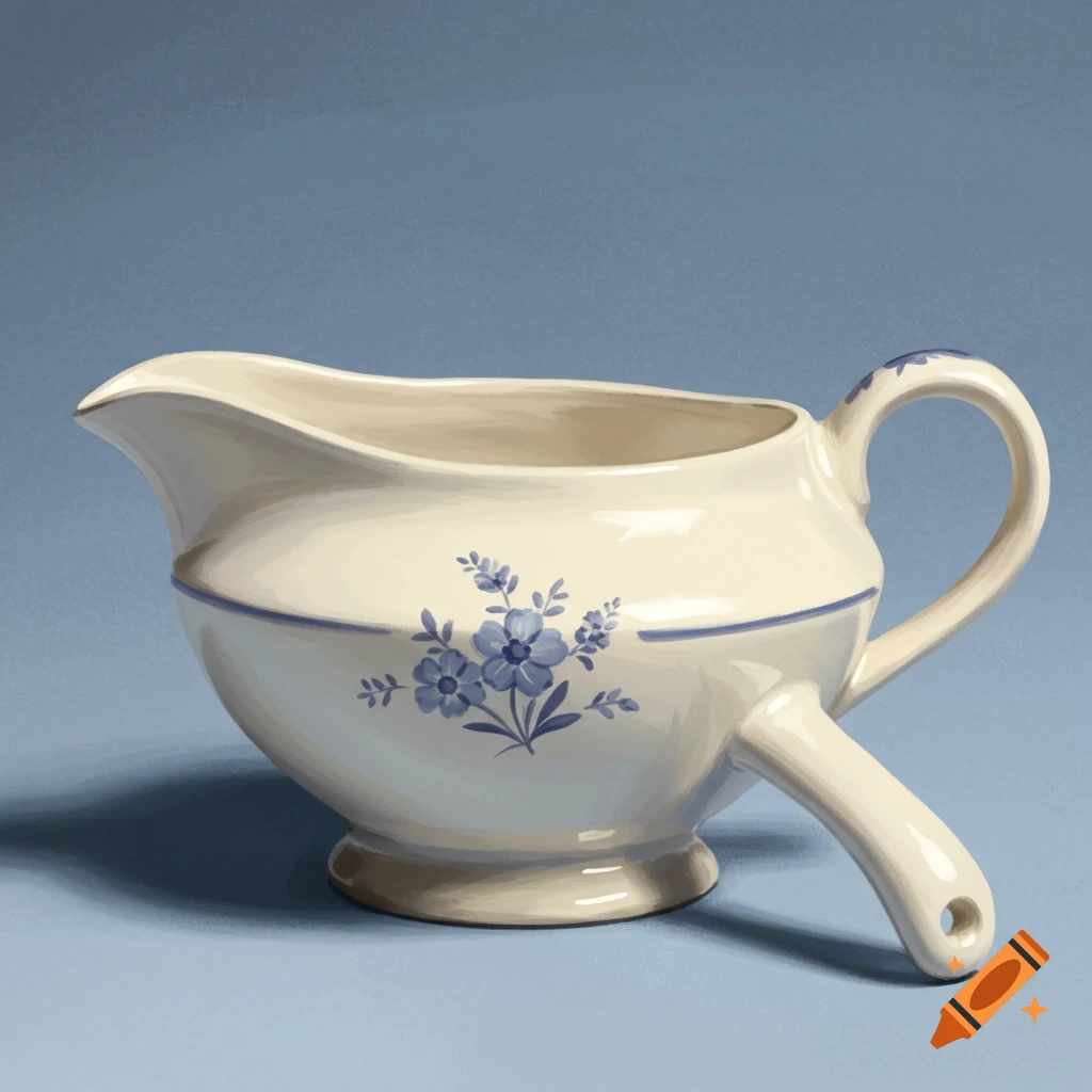 A white gravy boat with a blue floral design and a spout coming from the bottom.