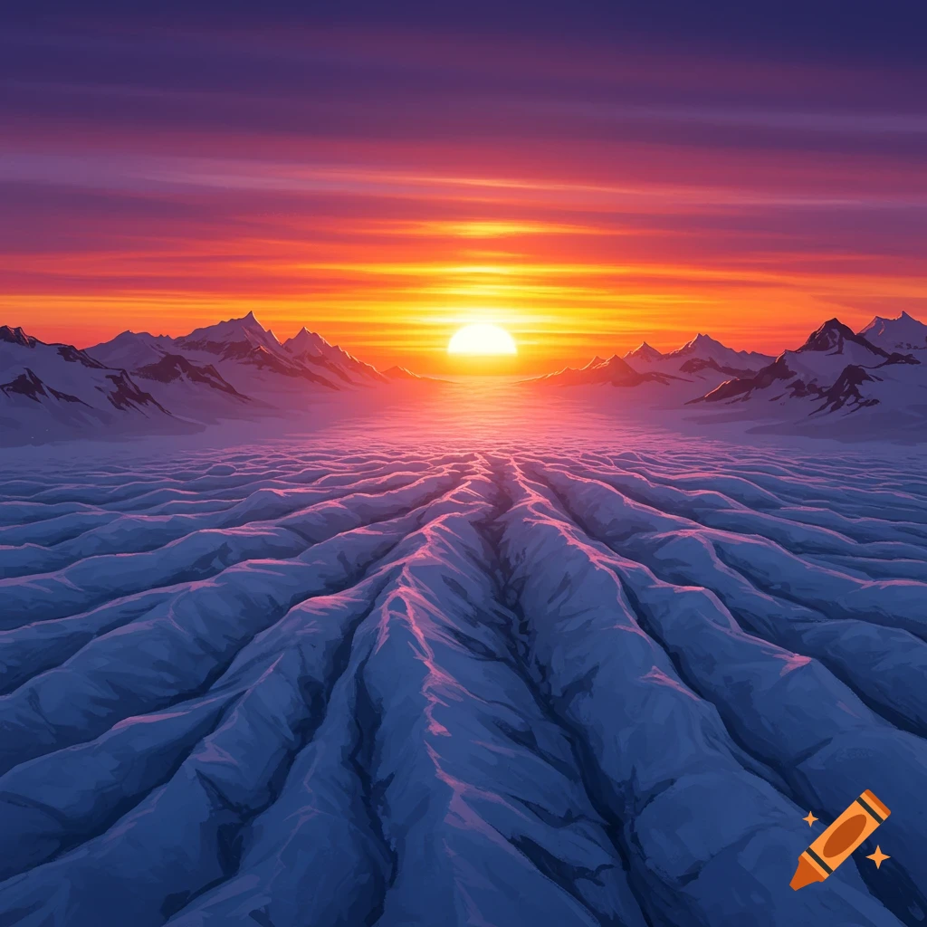 A vibrant sunset over snow-covered mountains and a glacier field.