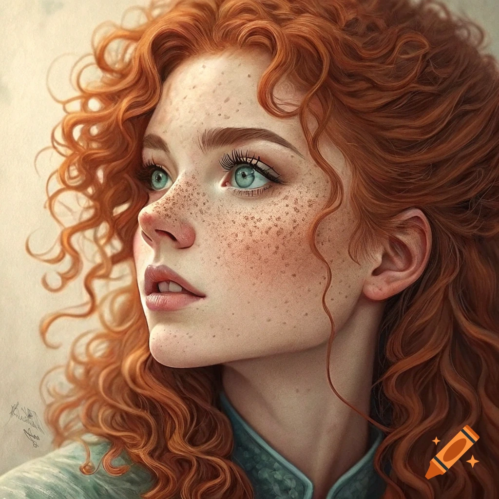 Close-up portrait of a young woman with long red curly hair, freckles, and green eyes in a realistic painting style.