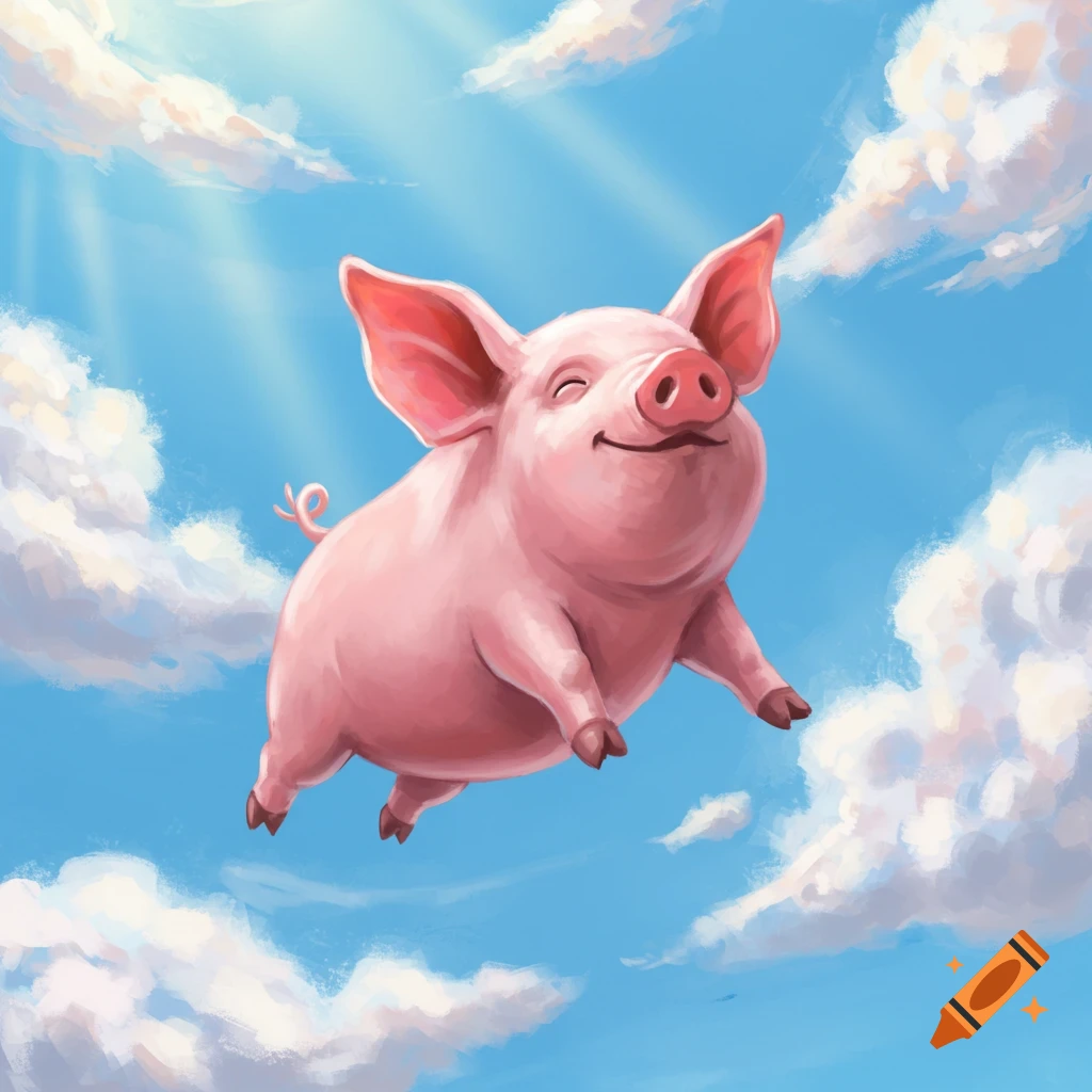 A cartoon pig flies through a sunny blue sky filled with clouds.