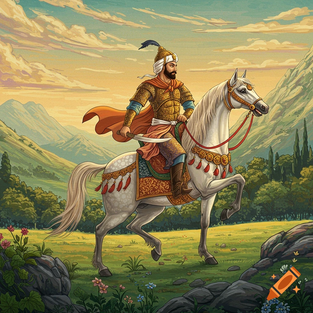 A man in elaborate armor rides a white horse through a mountainous landscape.