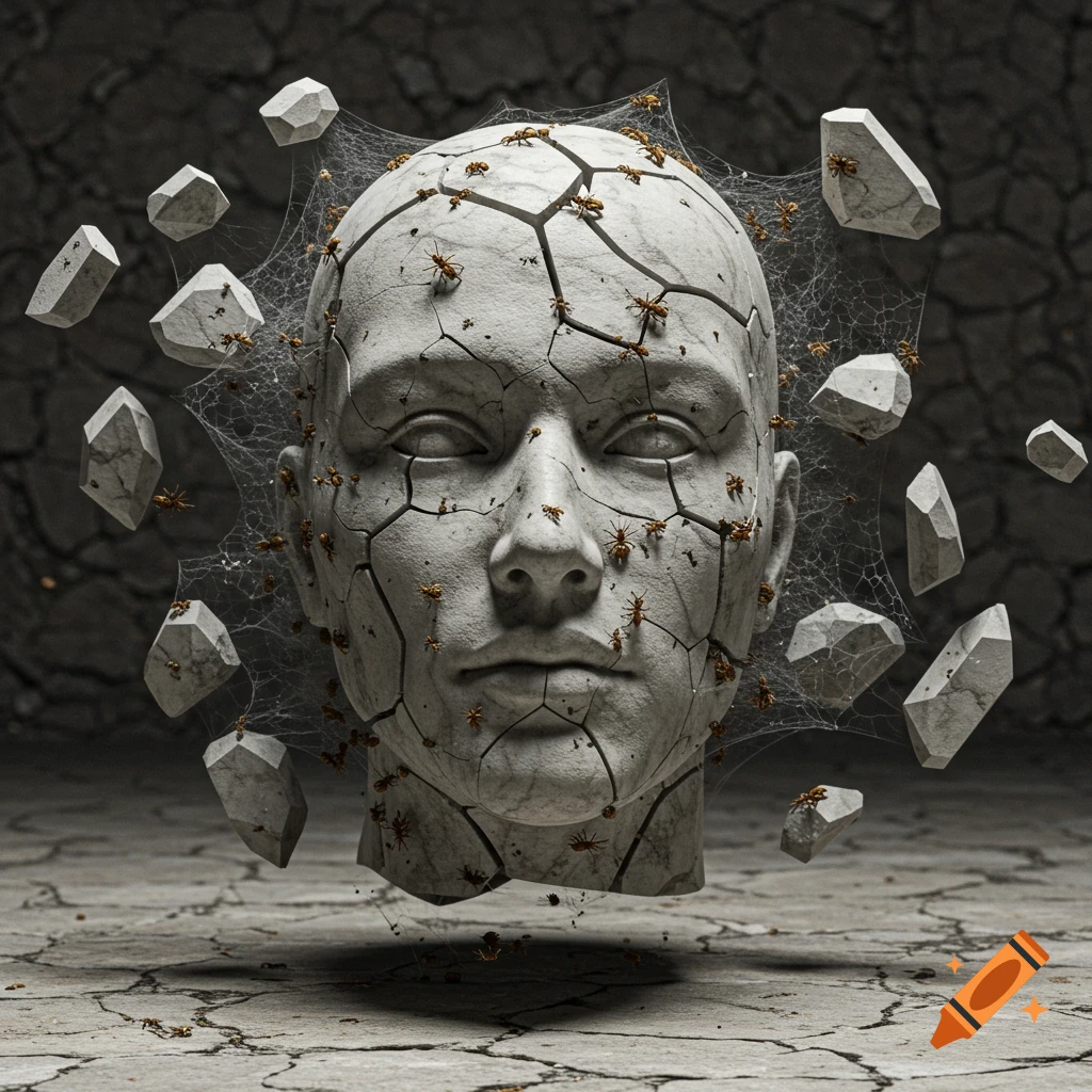Surreal cracked stone head covered in insects and spiderwebs, floating with breaking shards.