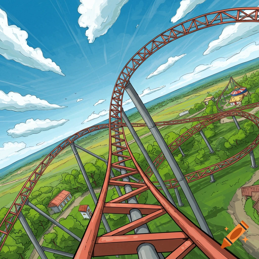 Cartoon roller coaster ride from a first-person perspective looking down at an amusement park.