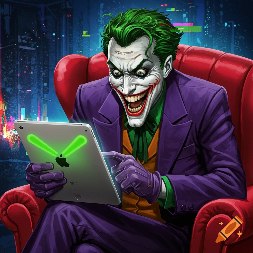 A picture shows The Joker sitting in a red chair using an iPad.