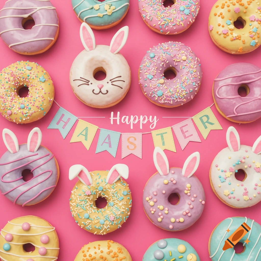Flat lay of colorful Easter donuts with bunny ears on a pink background with a banner.