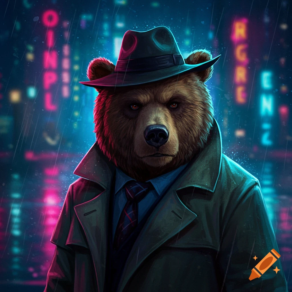 A brown bear wearing a trench coat and fedora hat stands in the rain at night in a city with neon signs.
