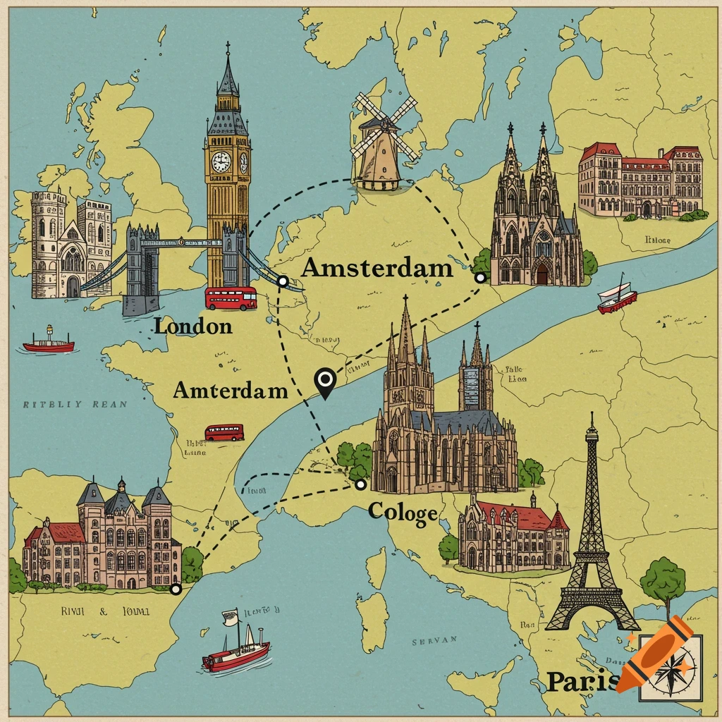 Stylized map illustration showing a route between London, Amsterdam, Cologne, and Paris with landmark drawings.