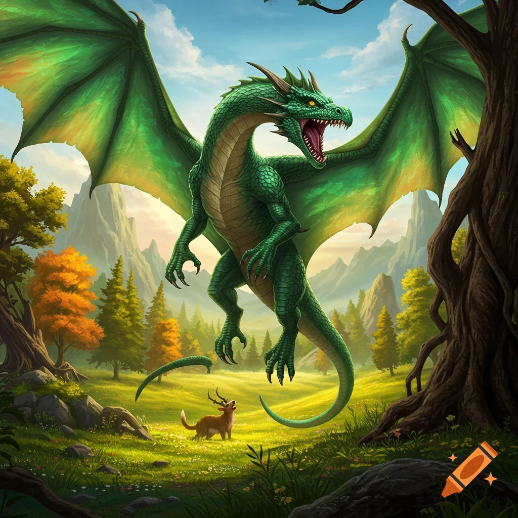 A large green dragon hovers over a deer in a sunny valley with mountains.