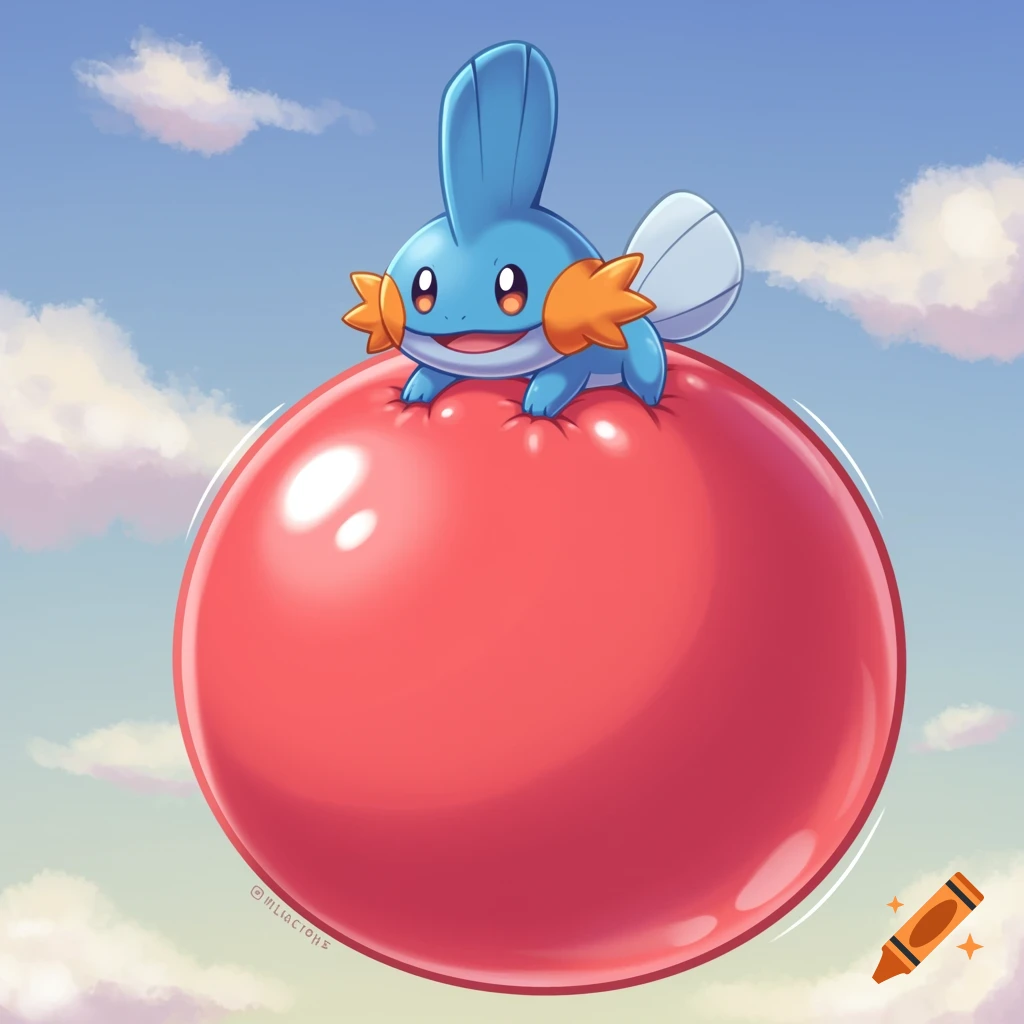 A cute Mudkip pokemon is perched on a large red balloon, set against a vibrant sky background.