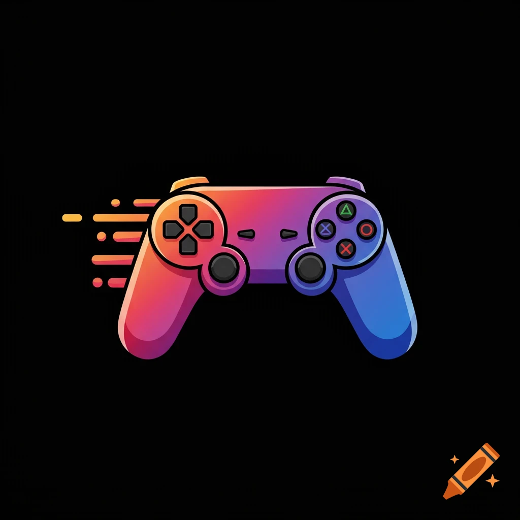 Cartoon video game controller with gradient colors and motion lines on a black background.