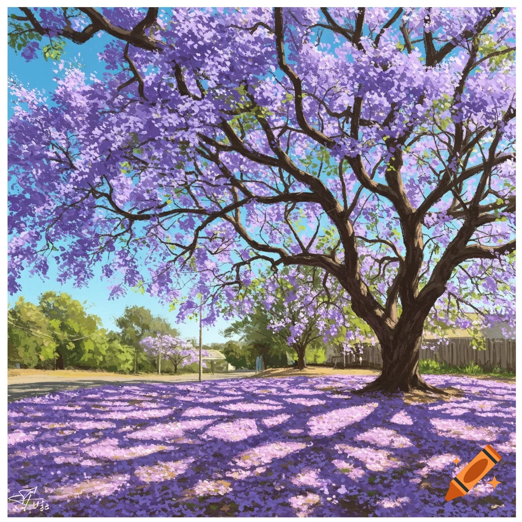 A large Jacaranda tree with purple flowers and fallen petals covering the ground.