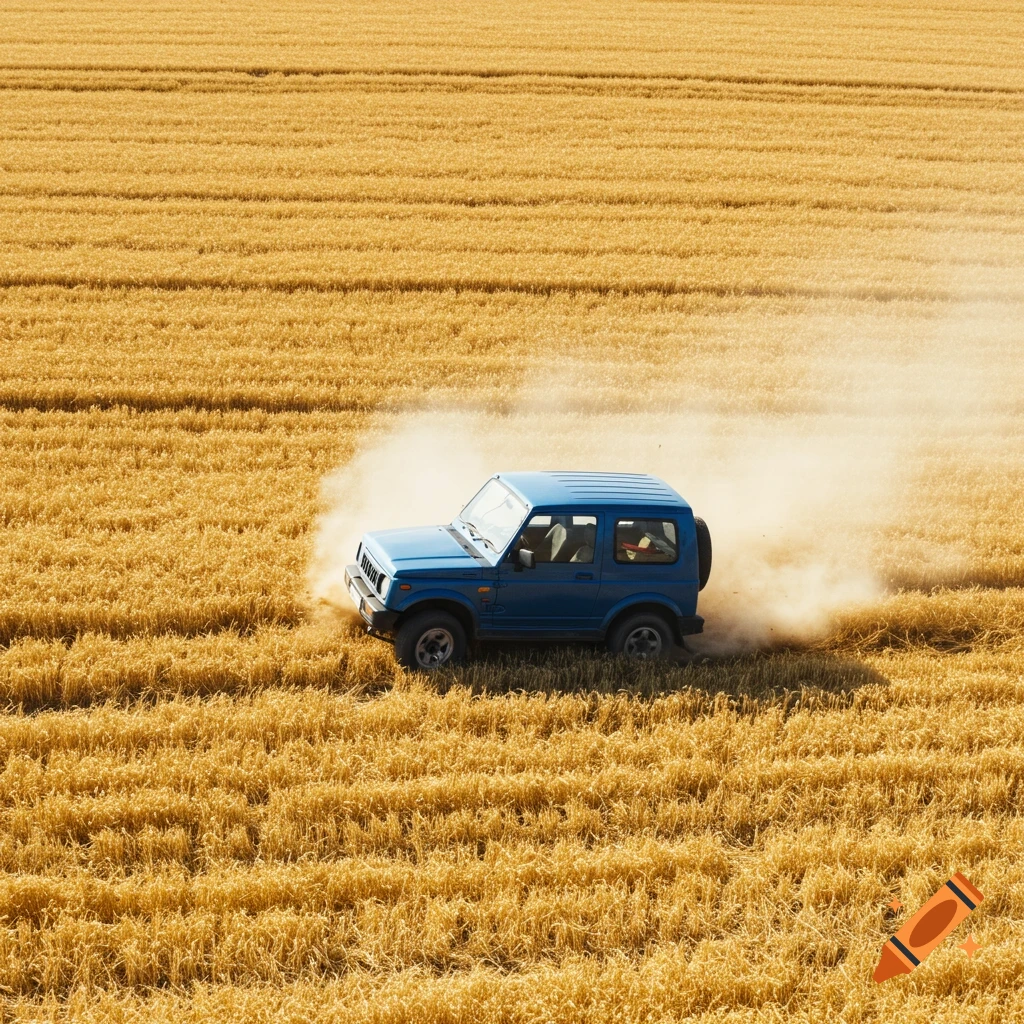 A blue SUV drives through a golden field, kicking up dust.