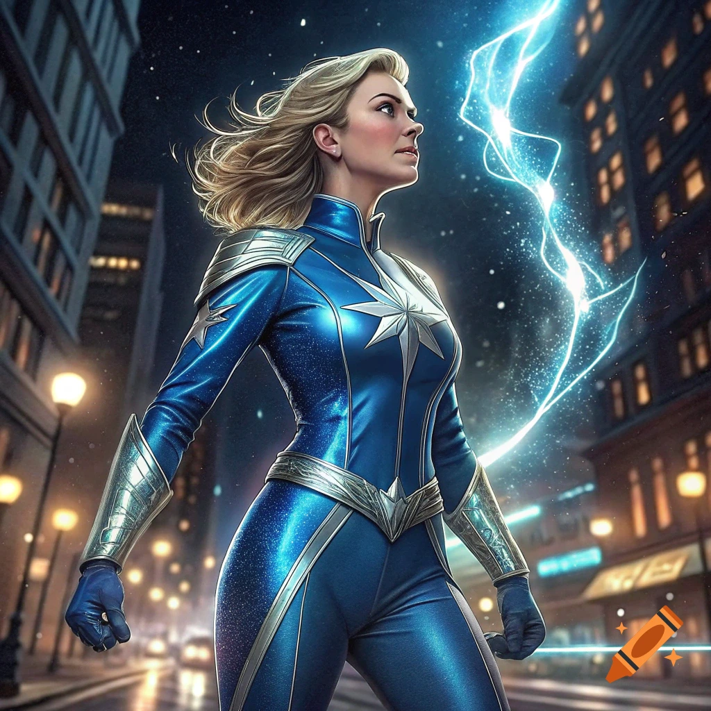 A woman in a blue superhero costume stands in a city street at night, generating a bolt of energy.
