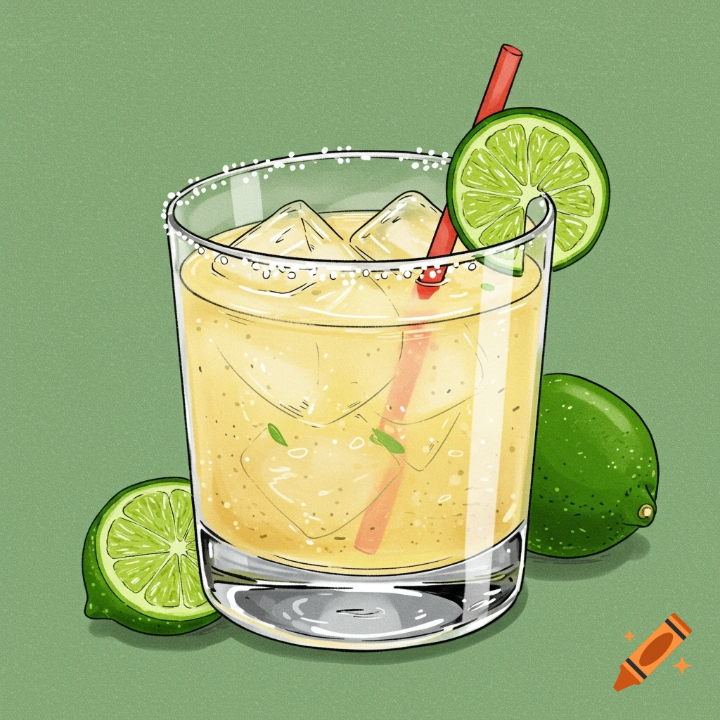 Drawing of a margarita cocktail with ice and lime slices