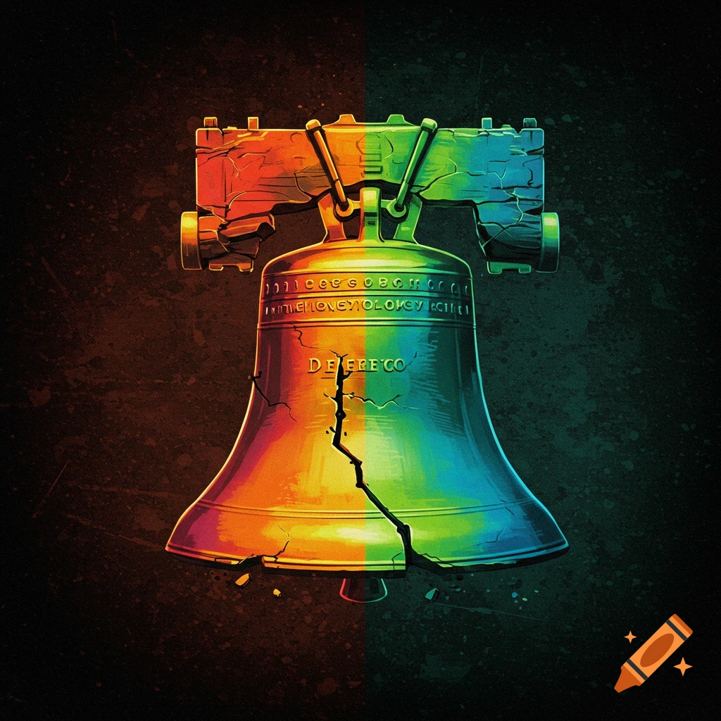 Stylized, cracked Liberty Bell in vibrant rainbow colors with grunge texture on a dark background.