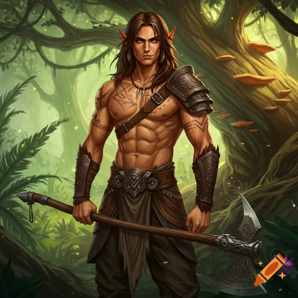 Muscular fantasy warrior with long brown hair, tattoos, and elf ears holding an axe in a forest