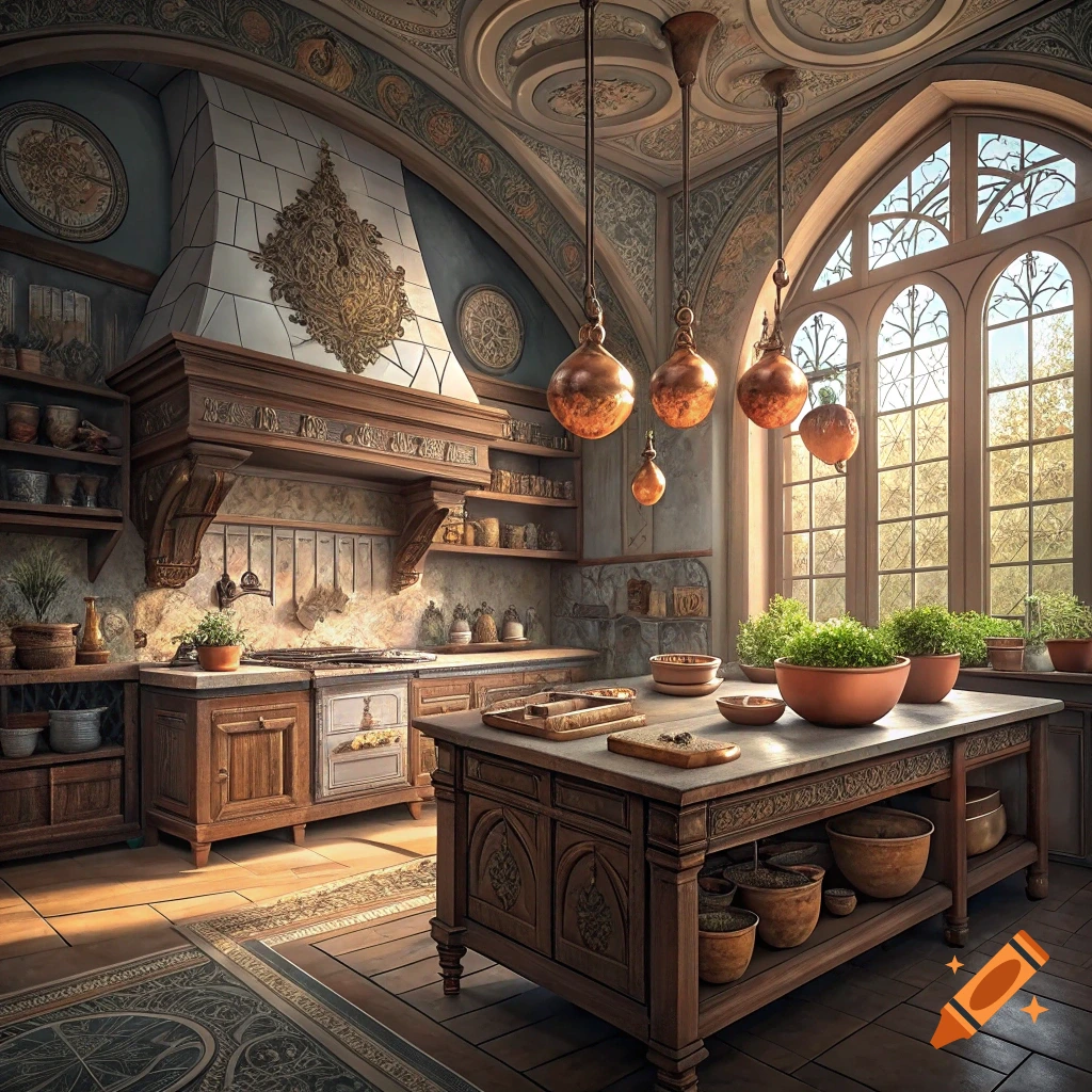 Detailed interior of a grand, historic kitchen with a large island and arched window.