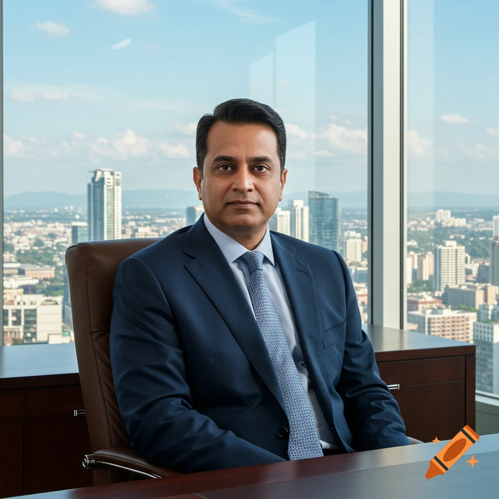 A man in a suit sits at a desk in an office overlooking a city.