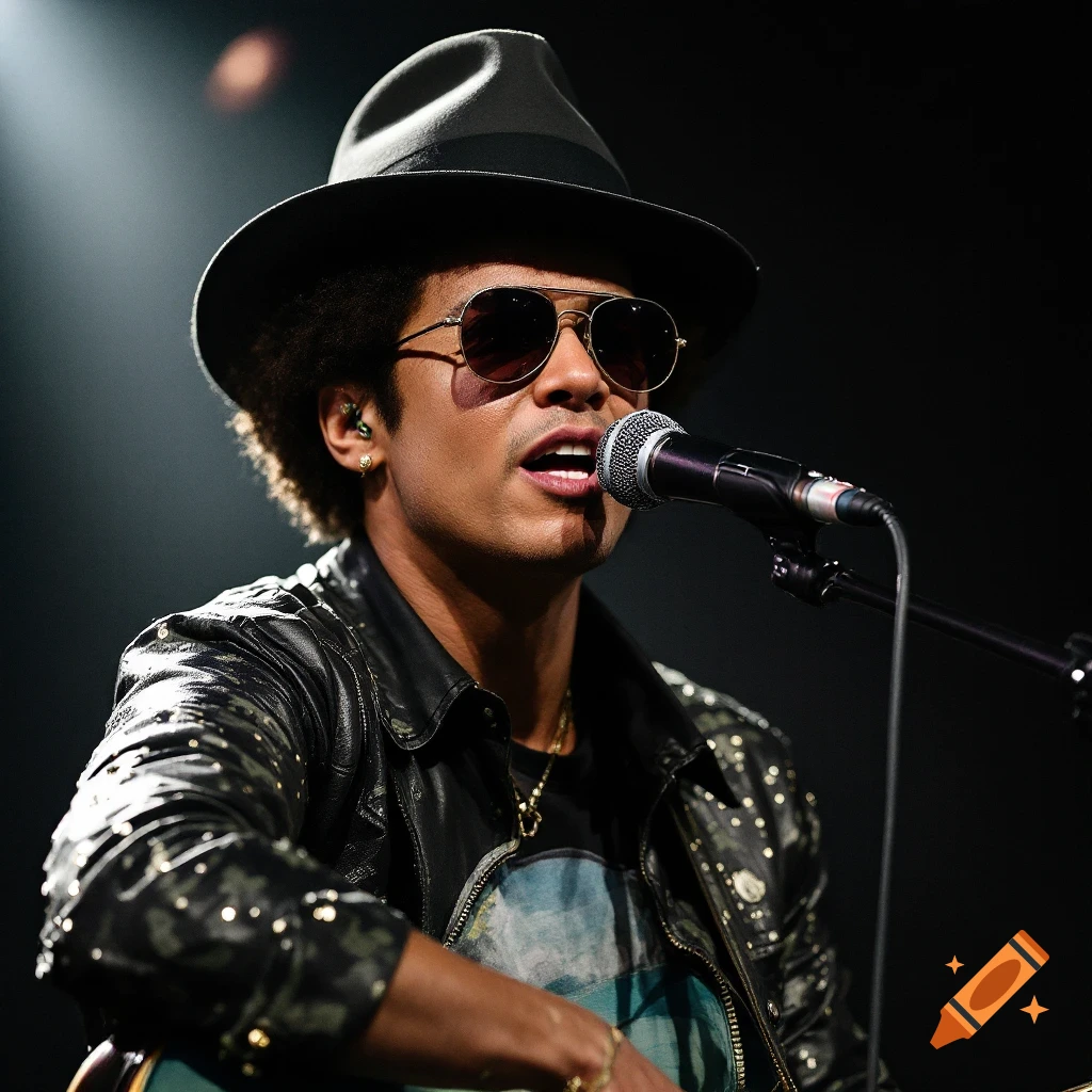 Bruno Mars wearing a hat and sunglasses, singing into a microphone while playing a guitar.
