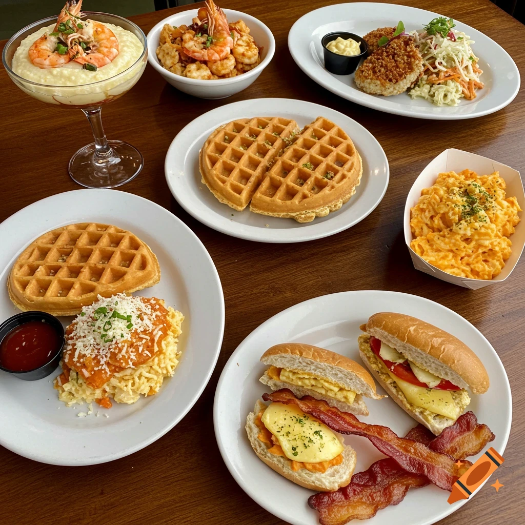 Various dishes including waffles, shrimp and grits, sandwiches, mac and cheese, and bacon laid out on a table.