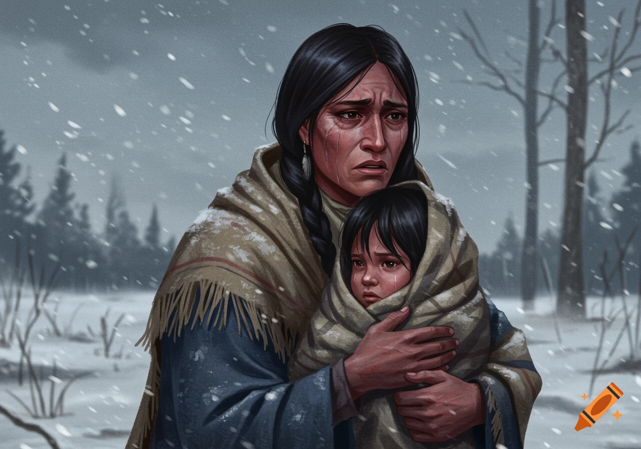 A sorrowful mother and child are huddled together in the snow.