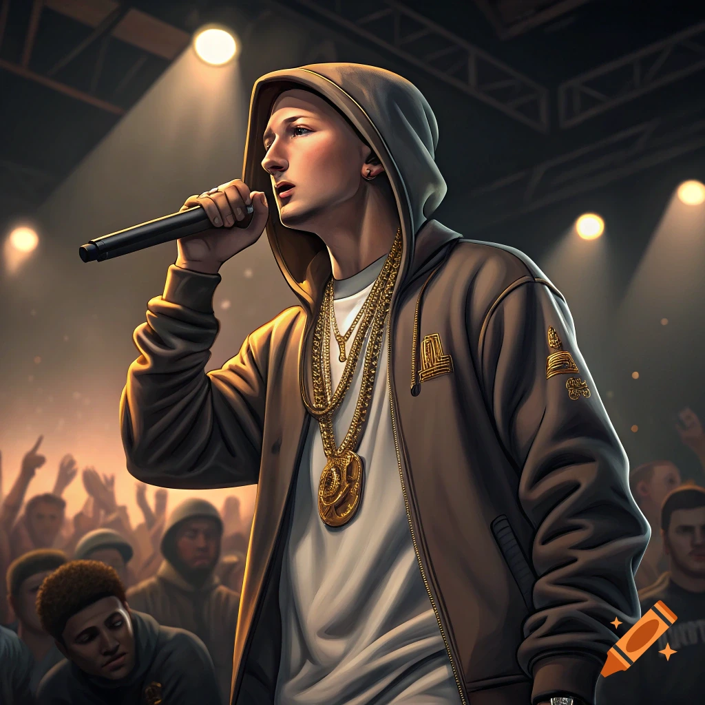 An illustration of a rapper in a hoodie and gold chains performing on a stage with stage lights.