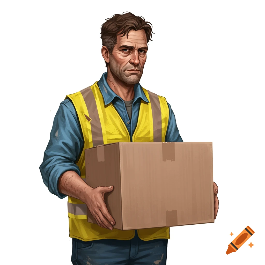 A construction worker holding a box.