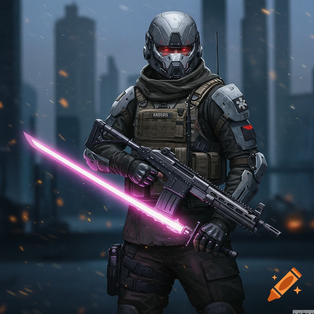 A futuristic soldier in tactical gear holding a rifle and a glowing pink energy sword against a city skyline.