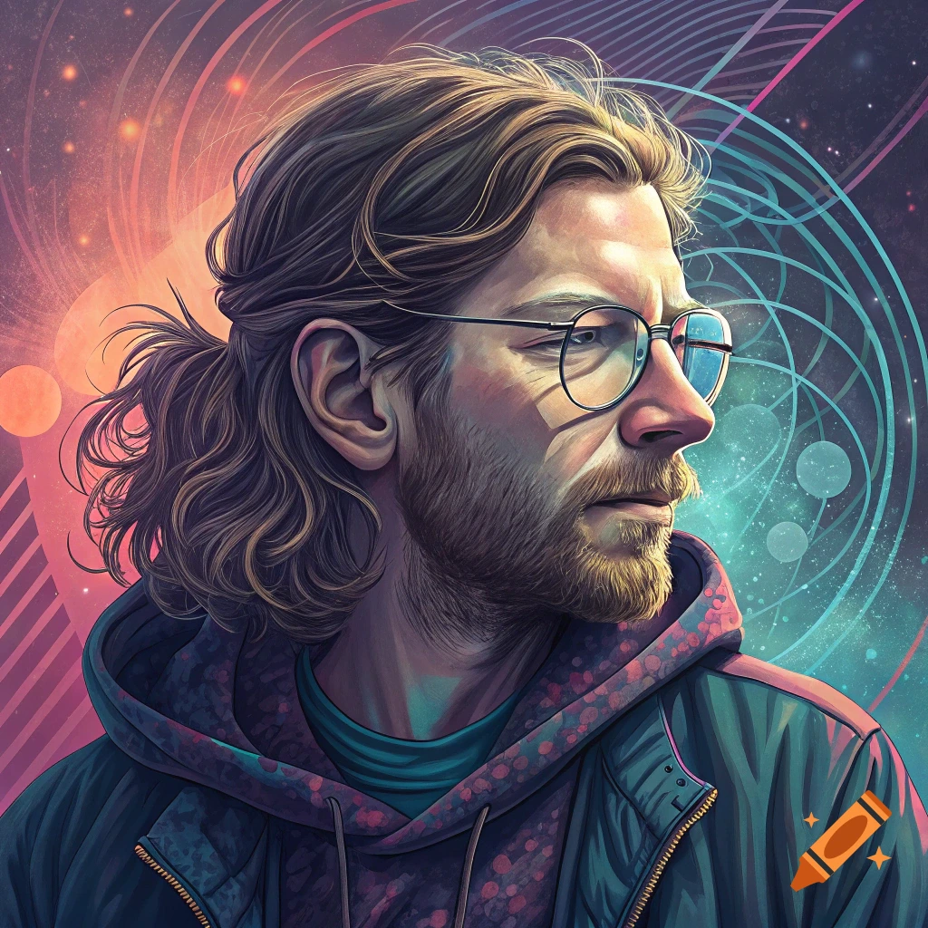 Portrait of a man with glasses and long hair in a jacket and hoodie, against an abstract, colorful cosmic background.