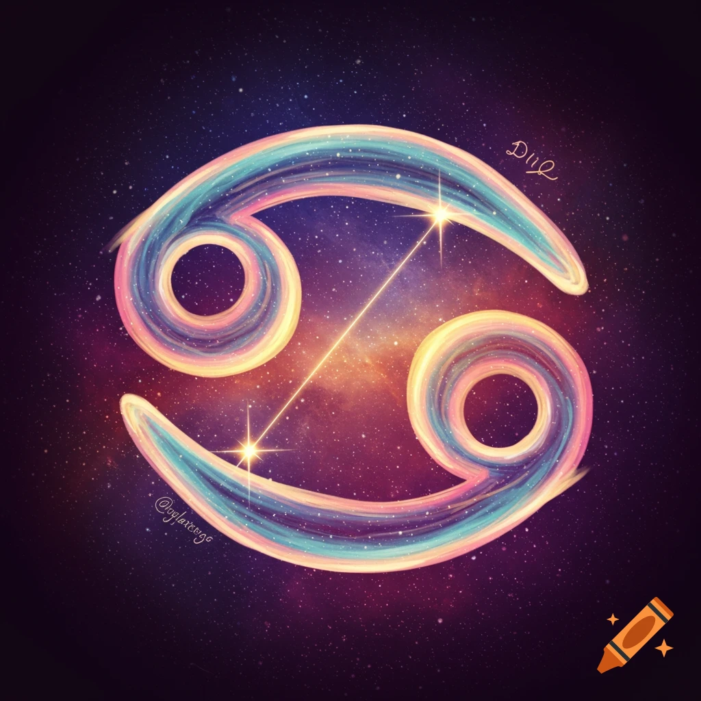 A colorful, swirling Cancer zodiac symbol against a starry cosmic background.