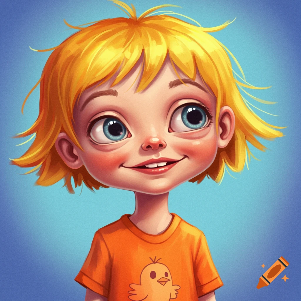 Cartoon close-up of a child with big blue eyes and yellow hair, wearing an orange shirt with a cartoon bird.