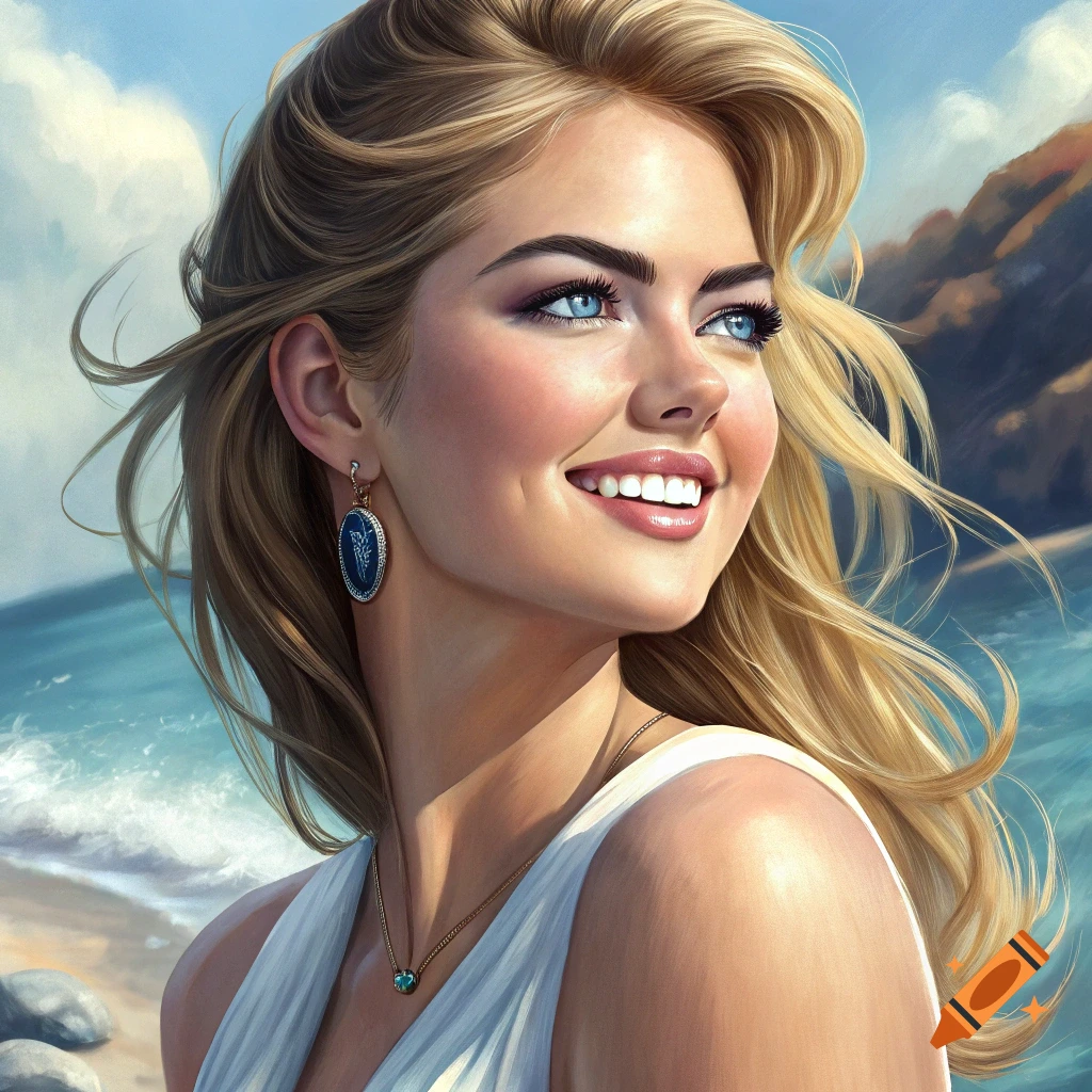 A portrait of a woman with blonde hair and blue eyes smiling on a beach.