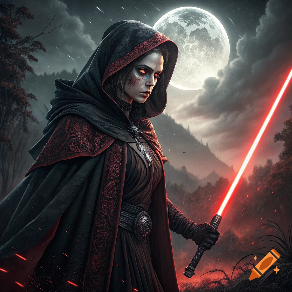 A woman in a dark hooded robe with red trim holds a red lightsaber under a full moon.