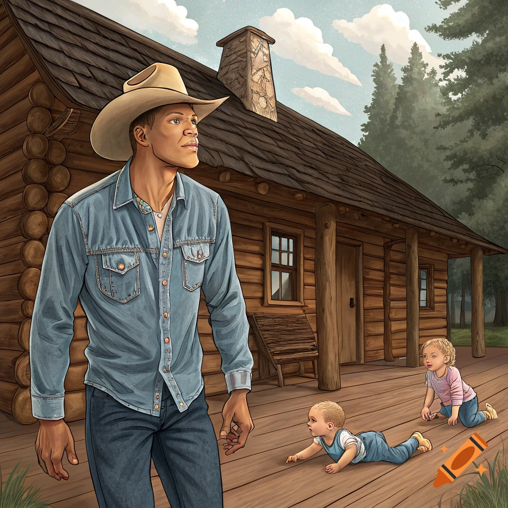 Man in cowboy hat and denim shirt stands before a log cabin with two babies crawling on the porch.