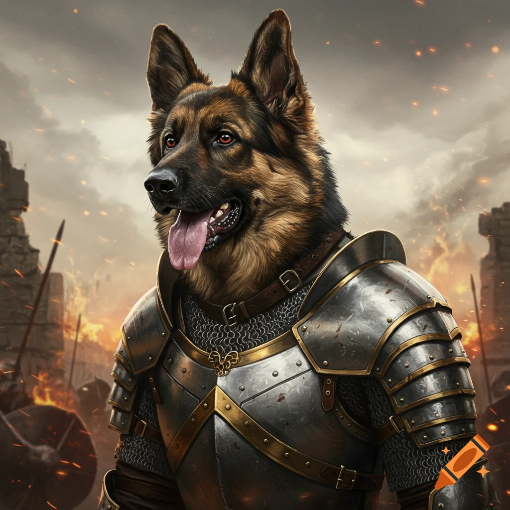A German Shepherd dog wearing battle armor stands on a battlefield.