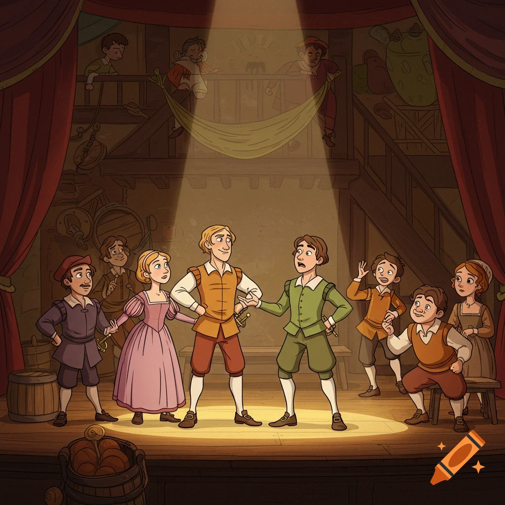 Cartoon characters perform a play on a stage with curtains and a spotlight.